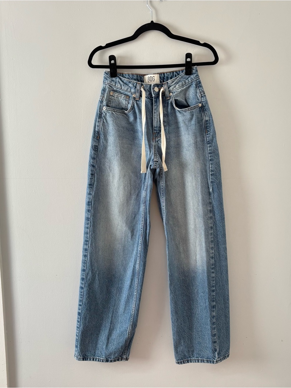 BDG Urban Outfitters Drawstring Straight Leg Jean Denim Waist Tie Fading Blue